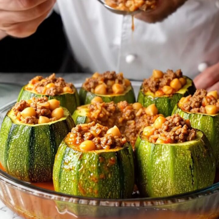 Stuffed round zucchini in a baking dish with tomato broth, garnished with parsley