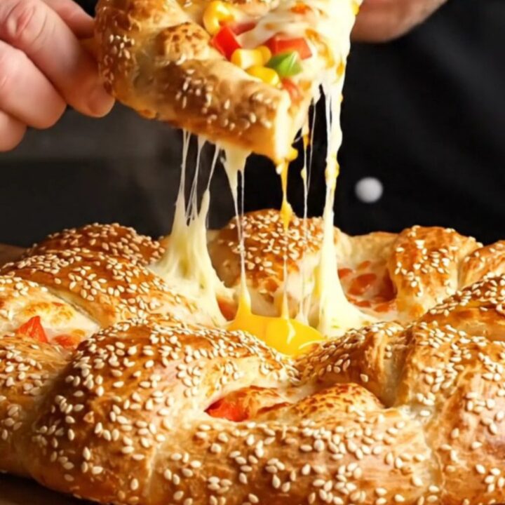 Golden crown ring pizza with sesame crust and melted cheese