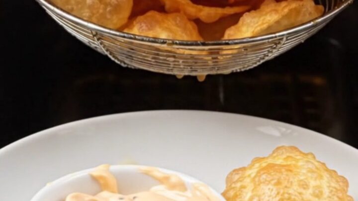 Golden smiley face chips piled in a bowl with a side of dip