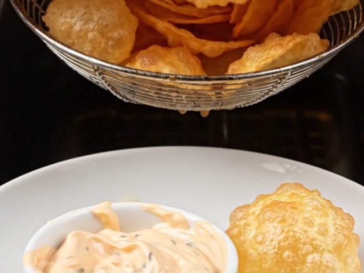 Golden smiley face chips piled in a bowl with a side of dip