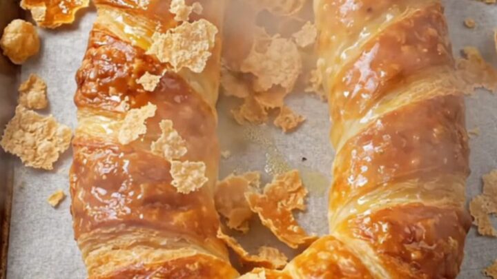 Golden horseshoe börek on parchment paper with a crisp, blistered crust