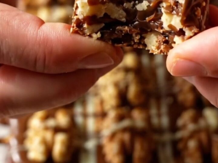 Chocolate walnut date bark sliced into bars on a parchment-lined board.