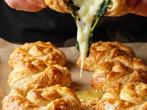 Golden spiral rose börek on a parchment-lined baking sheet, showing flaky layers and spinach filling