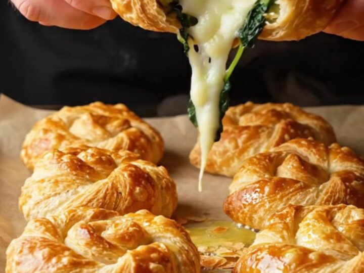Golden spiral rose börek on a parchment-lined baking sheet, showing flaky layers and spinach filling