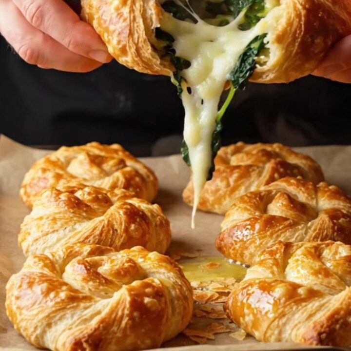 Golden spiral rose börek on a parchment-lined baking sheet, showing flaky layers and spinach filling