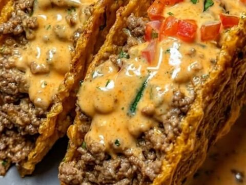 Three crispy tacos filled with seasoned ground beef and topped with a rich orange cheese sauce on a grey plate.
