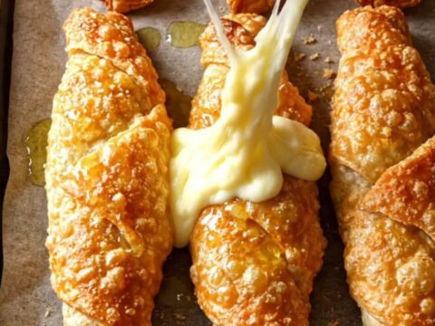 Golden breaded paçanga börek rolls on a baking sheet, one broken open showing melted cheese and pastırma.