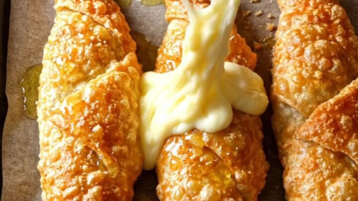 Golden breaded paçanga börek rolls on a baking sheet, one broken open showing melted cheese and pastırma.