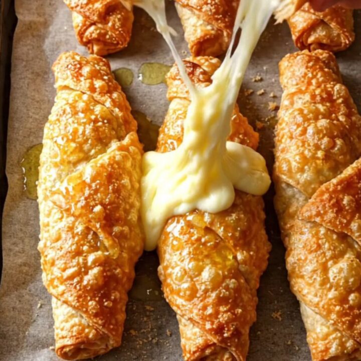 Golden breaded paçanga börek rolls on a baking sheet, one broken open showing melted cheese and pastırma.