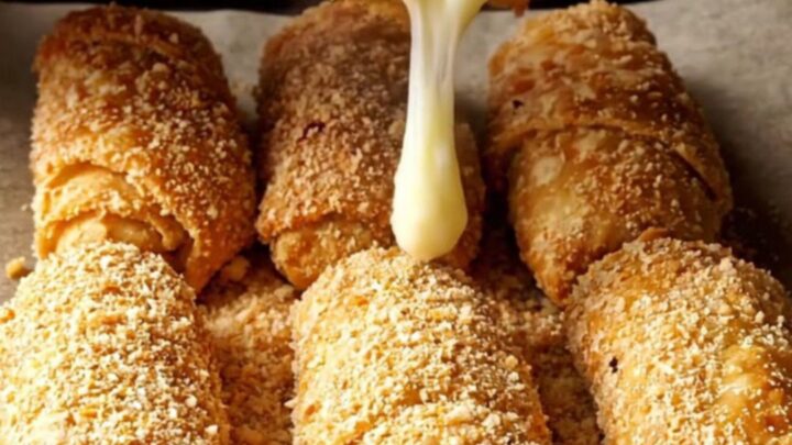 Golden crispy breaded meat börek rolls on a baking sheet, one snapped in half showing melted cheese.