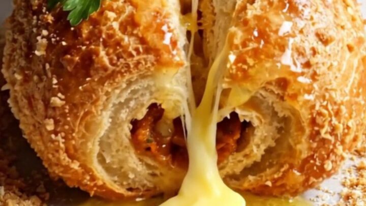 Golden crispy paçanga börek rolls on a parchment-lined tray, one snapped in half showing melted cheese and pastırma.