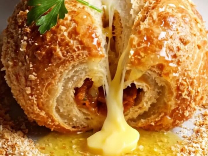 Golden crispy paçanga börek rolls on a parchment-lined tray, one snapped in half showing melted cheese and pastırma.