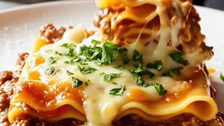 A skillet lasagna with melted cheese and parsley, served on a plate