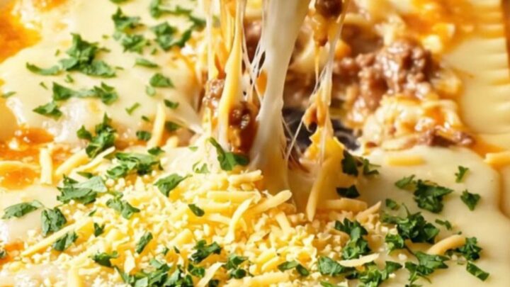Golden skillet lasagna with melted cheese and parsley, ready to serve