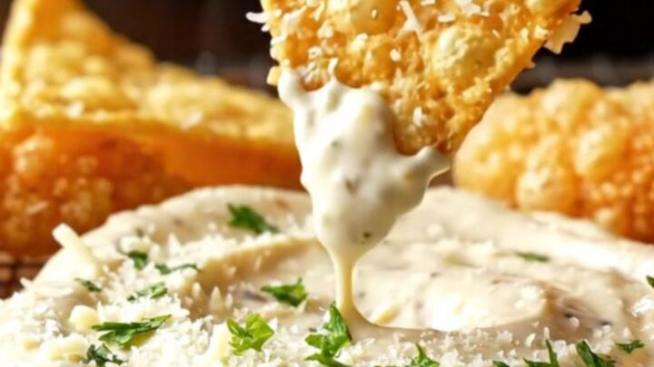 Crispy chicken tortilla chips topped with Parmesan and parsley, with a bowl of creamy dip