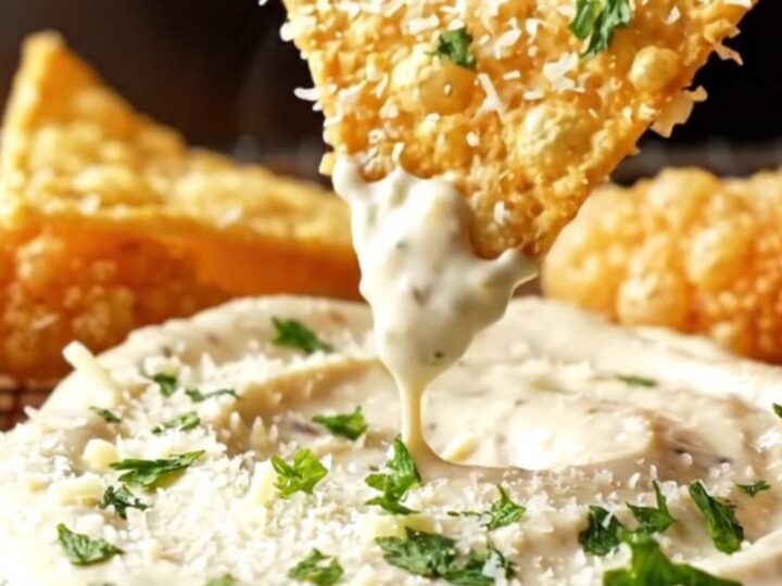Crispy chicken tortilla chips topped with Parmesan and parsley, with a bowl of creamy dip