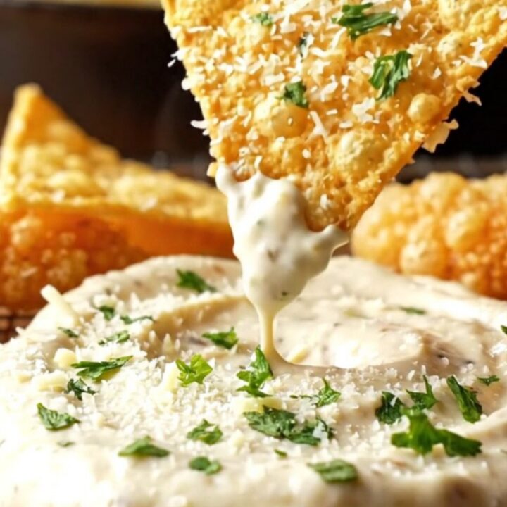 Crispy chicken tortilla chips topped with Parmesan and parsley, with a bowl of creamy dip