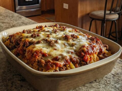 A steaming, cheesy cabbage roll casserole in a baking dish with a perfect mozzarella cheese pull.