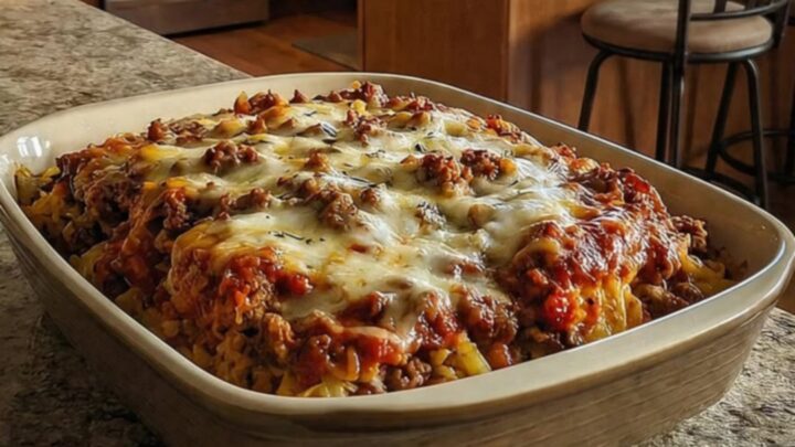 A steaming, cheesy cabbage roll casserole in a baking dish with a perfect mozzarella cheese pull.