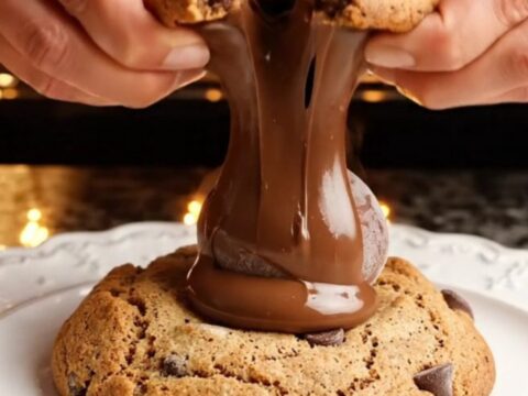 A giant golden chocolate chip cookie broken open to reveal molten Nutella flowing out