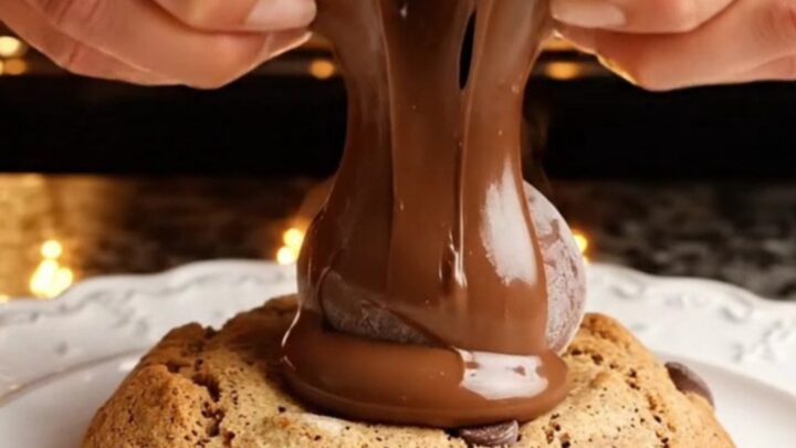 A giant golden chocolate chip cookie broken open to reveal molten Nutella flowing out