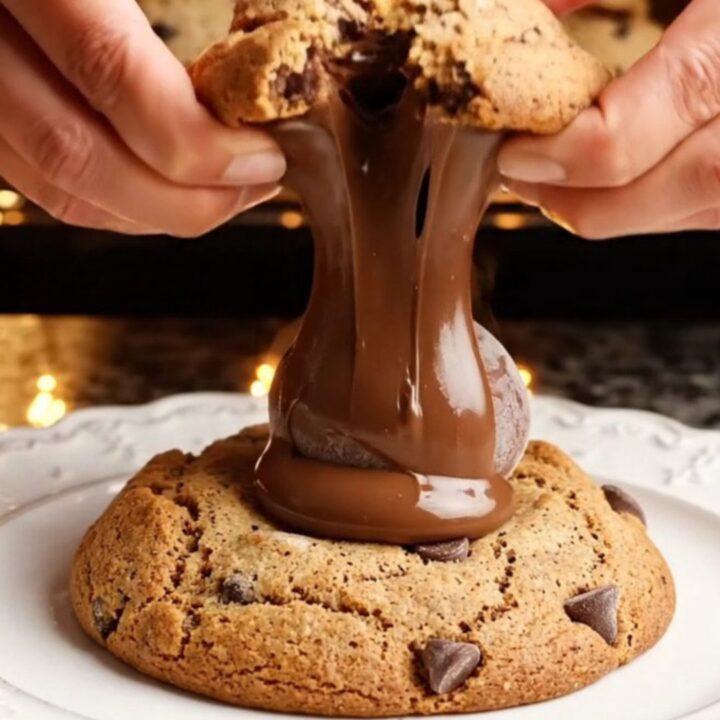 A giant golden chocolate chip cookie broken open to reveal molten Nutella flowing out