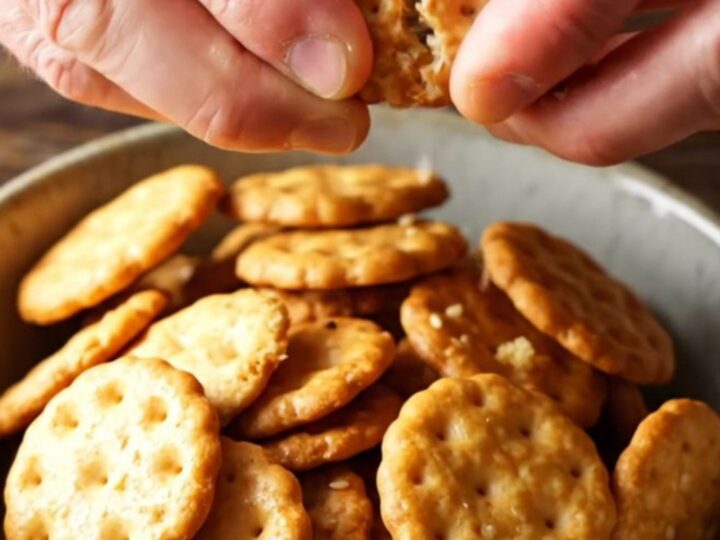 A bowl filled with golden sesame marble snack crackers, showing their crunchy texture and seed coating.
