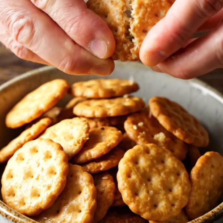 A bowl filled with golden sesame marble snack crackers, showing their crunchy texture and seed coating.