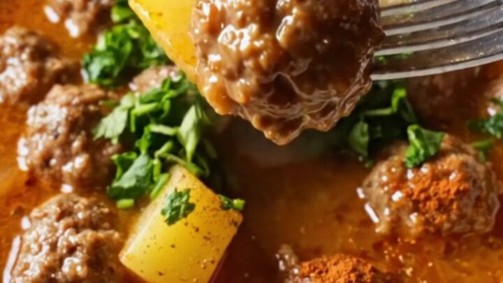 Golden meatballs and tender potatoes in a rich red sauce, garnished with fresh parsley, in a shallow bowl.
