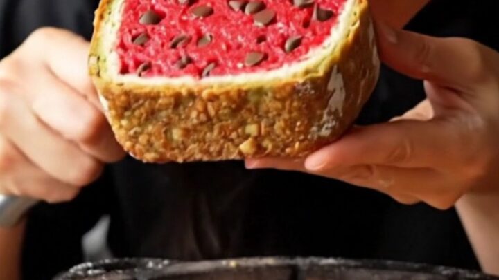 Sliced watermelon sourdough bread showing red crumb with chocolate chips and green rind