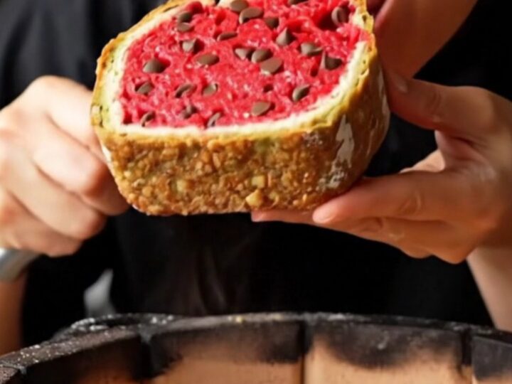 Sliced watermelon sourdough bread showing red crumb with chocolate chips and green rind