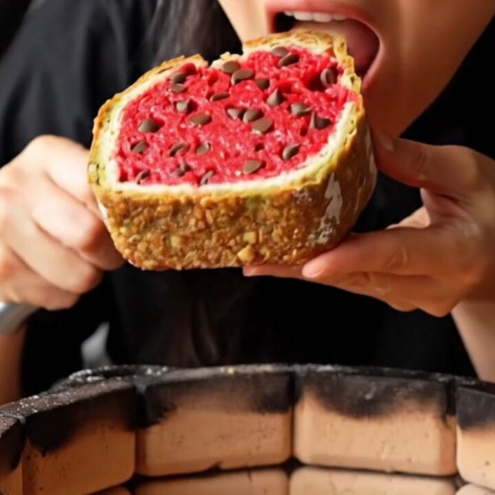 Sliced watermelon sourdough bread showing red crumb with chocolate chips and green rind
