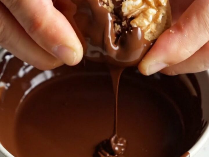 Chocolate-dipped walnut shortbread wafer cookies arranged on a parchment-lined tray