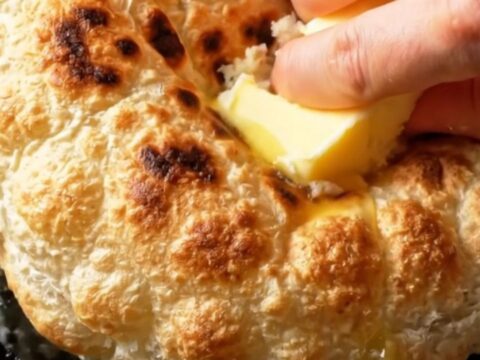 Golden puffy flatbread brushed with melted butter on a wooden board