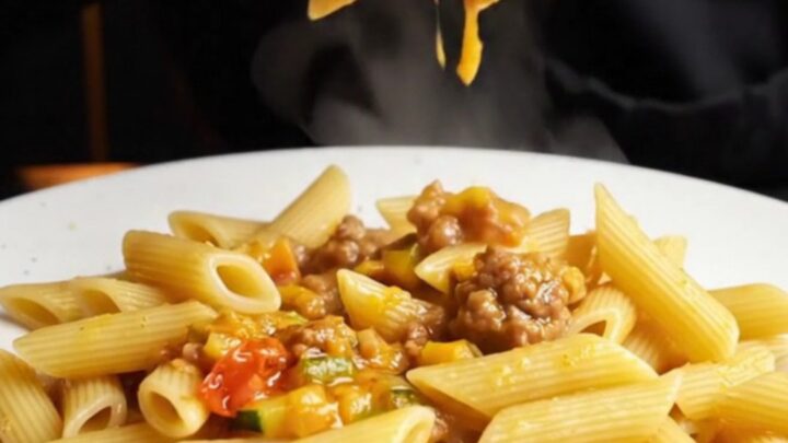 A skillet of penne pasta with chunky tomato-zucchini ragù and beef meatballs, garnished with fresh basil.