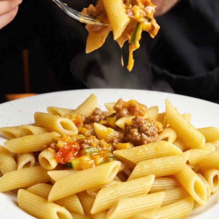 A skillet of penne pasta with chunky tomato-zucchini ragù and beef meatballs, garnished with fresh basil.