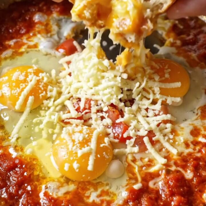 Menemen skillet with melted cheese and runny egg yolks, garnished with fresh herbs