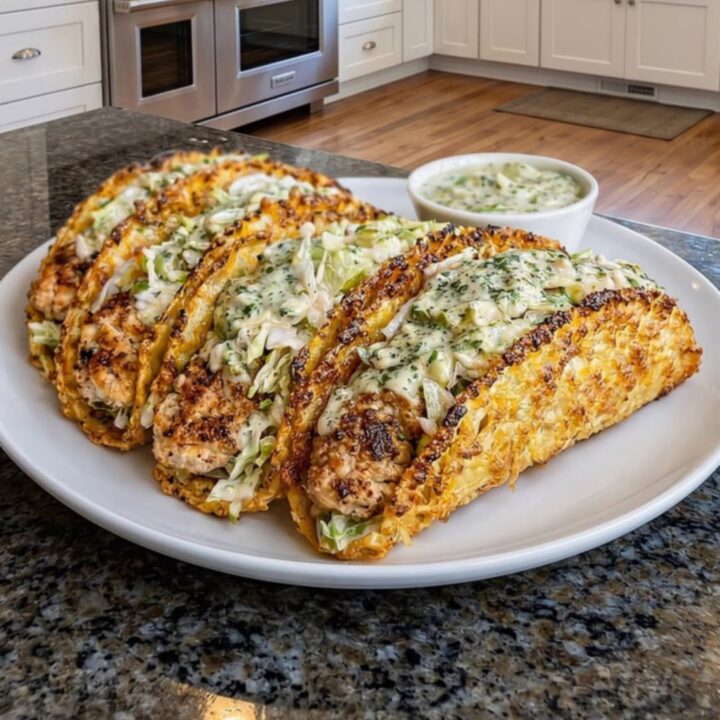 Four golden, crispy cheese-lace tacos filled with ground chicken and drizzled with dill pickle ranch on a white platter.