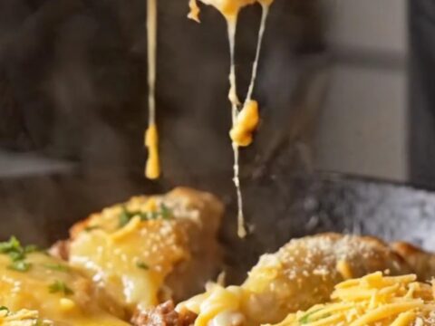 Golden folded lavaş pie with melted cheese and peppers, in a round pan