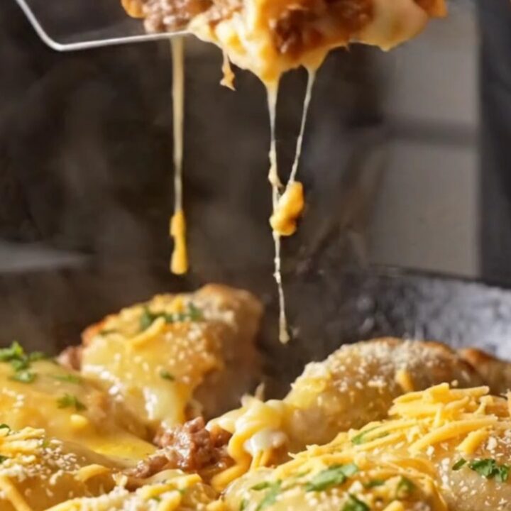 Golden folded lavaş pie with melted cheese and peppers, in a round pan