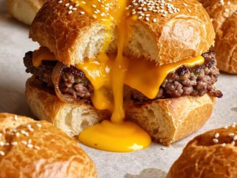 Golden stuffed burger buns with sesame seeds on a parchment-lined baking sheet