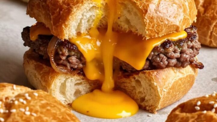 Golden stuffed burger buns with sesame seeds on a parchment-lined baking sheet