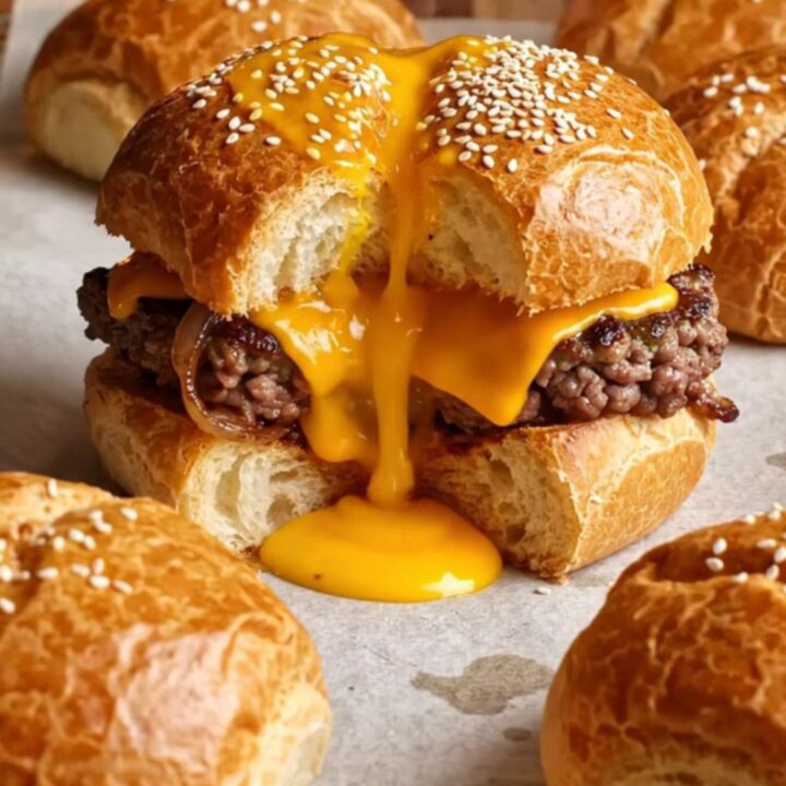 Golden stuffed burger buns with sesame seeds on a parchment-lined baking sheet