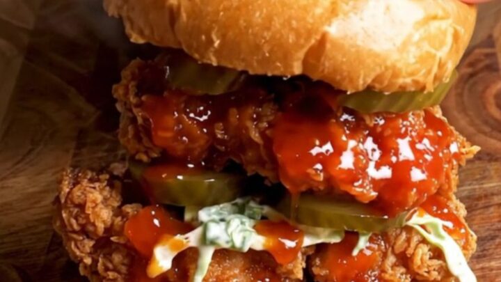 Nashville hot chicken sandwich with glazed chicken, ranch slaw, and pickles on a brioche bun
