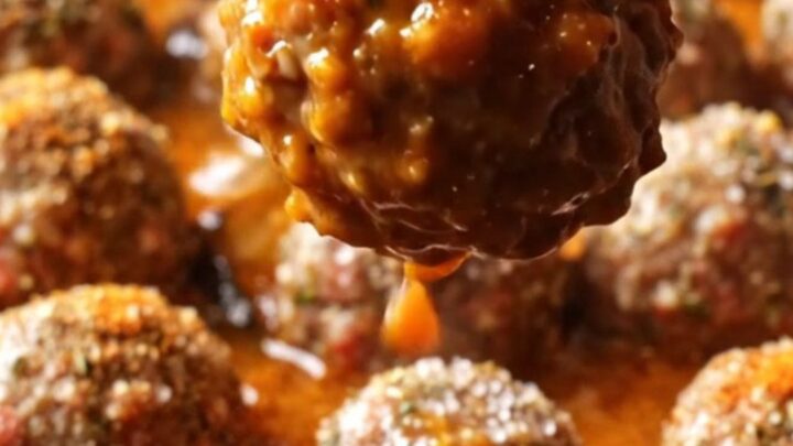 One-pan Turkish eggplant and meatball skillet with glossy meatballs in thick tomato gravy