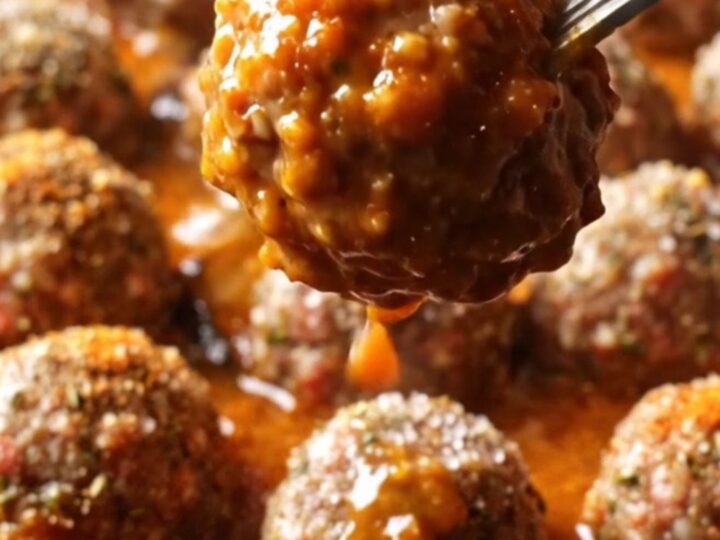 One-pan Turkish eggplant and meatball skillet with glossy meatballs in thick tomato gravy