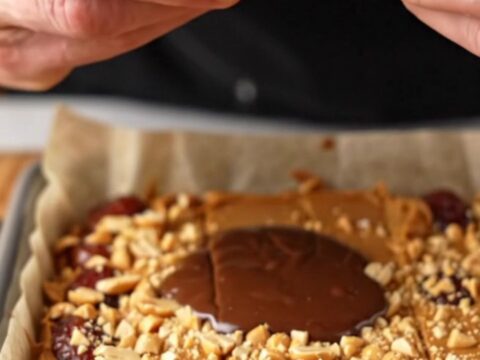 Squares of chocolate peanut butter date bark on a cutting board, showing layers of dark chocolate, peanut butter, and dates.