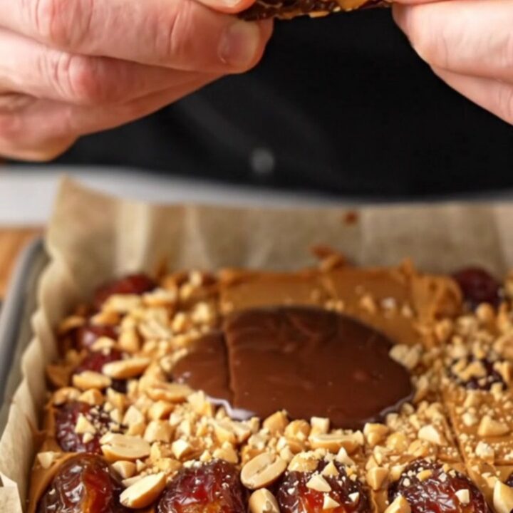 Squares of chocolate peanut butter date bark on a cutting board, showing layers of dark chocolate, peanut butter, and dates.