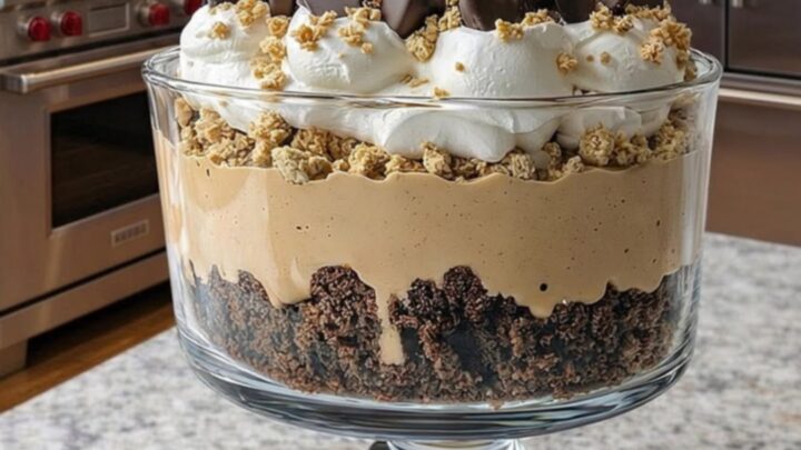 A towering glass trifle dish filled with layers of brownies, peanut butter mousse, and whipped cream on a granite countertop.