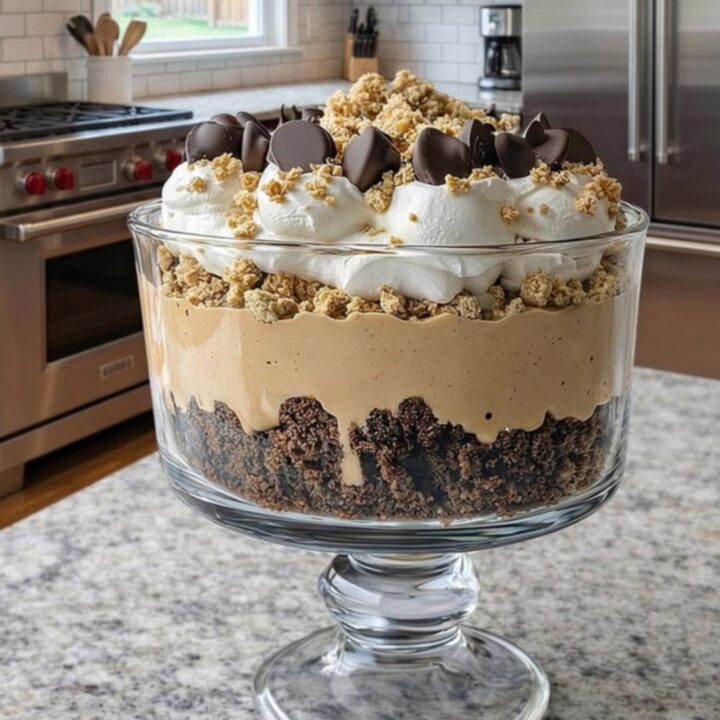 A towering glass trifle dish filled with layers of brownies, peanut butter mousse, and whipped cream on a granite countertop.